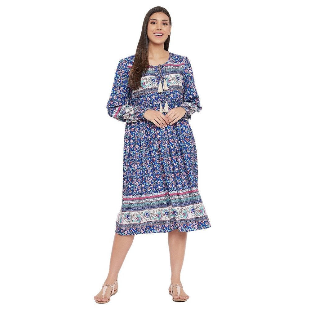 Fashion Midi Dress Floral with Sleeve for Womens